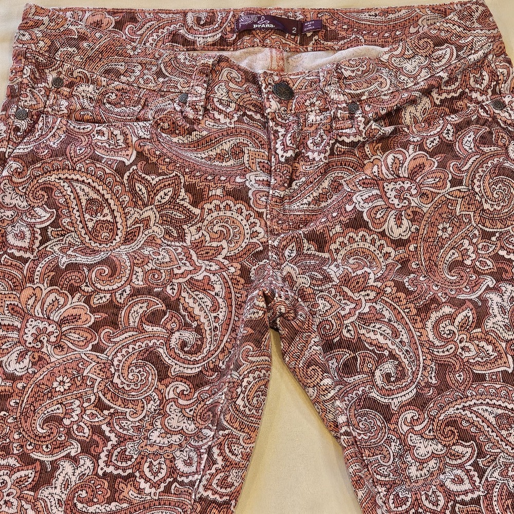 PrAna Trinity Corduroy Low Rise Pant Women's Size 2 Rhubarb Pink Paisley Stretch